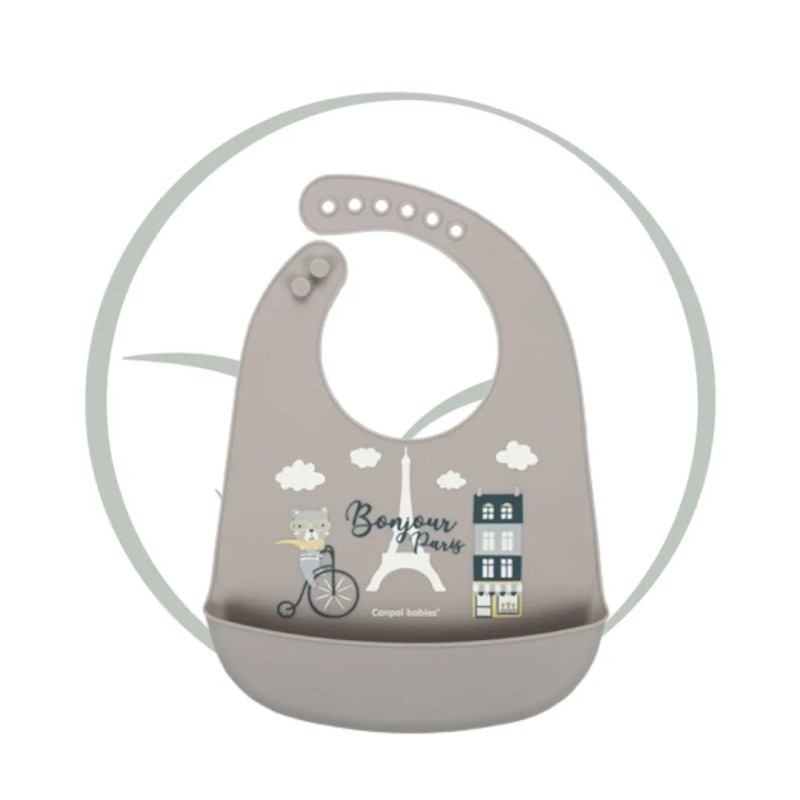 CANPOL BABIES BAVOIR SILICONE AVEC POCHE BONJOUR PARIS 74/027 - TAUPE